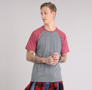 Camisa Raglan CINZA com manga ROSA (opção manga longa ou curta)